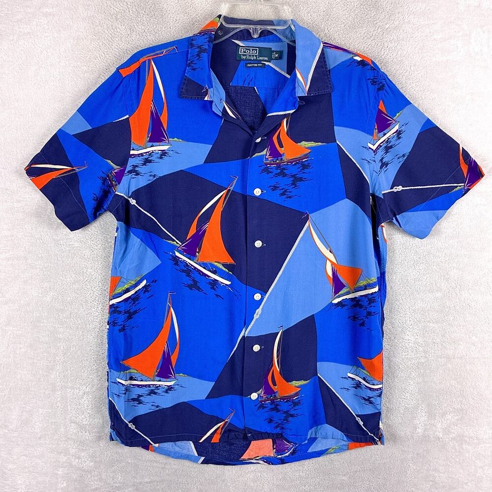 VTG Polo Ralph Lauren Shirt Mens M Blue Sailboat AOP Viscose Loop Collar 90s